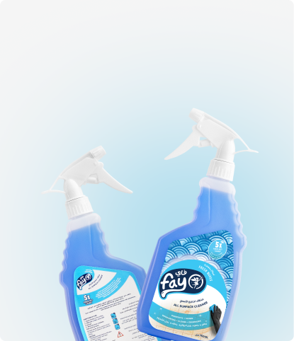 Two bottles of let's fay all purpose cleaner on a light blue background
